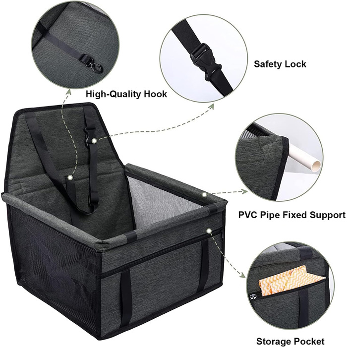 Надійний автокрісло для собак з ременями безпеки - для маленьких та середніх собак. Водонепроникне автокрісло для собак на заднє та переднє сидіння (Сірий)