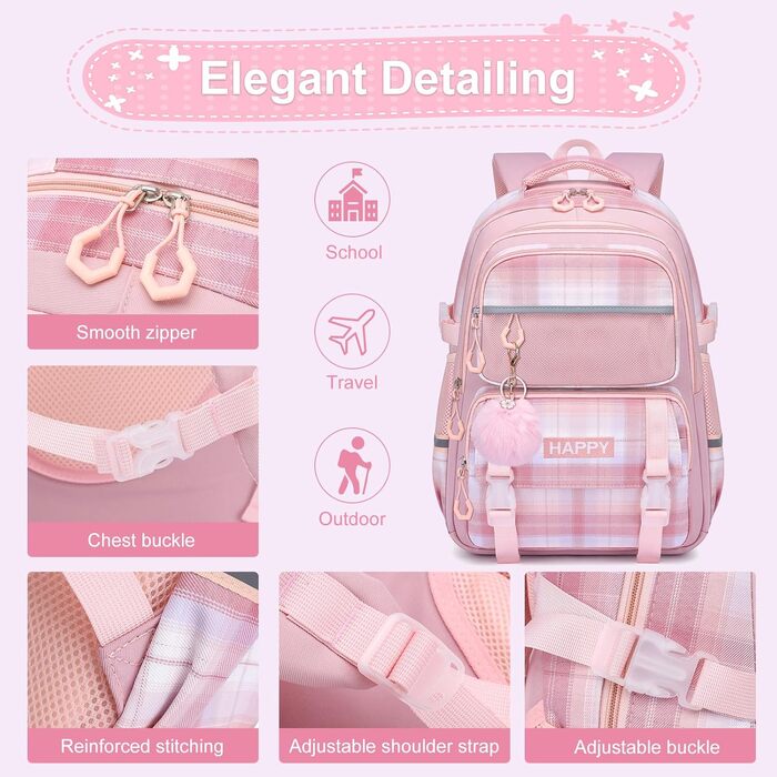 Шкільний рюкзак для дівчаток з візерунком, дихаючий та водовідштовхуючий рюкзак для 1-5 класів, Рожевий-01