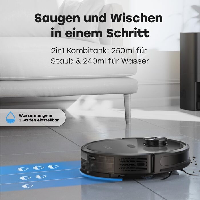 Робот-пилосос ZACO A10 Pro з функцією миття, 2.5л станція зарядки (до 60 днів), лазерна навігація, 3000Pa, 2-в-1 (пилосос та миття), для шерсті тварин, розпізнавання килима, тихий, керування через додаток & Alexa