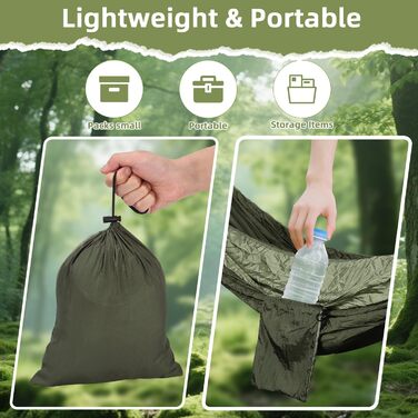 Гамак для відпочинку на природі та кемпінгу: міцний, ультралегкий, для одного або двох, 300 кг, 200 x 300 см, нейлон, зелений (хакі)