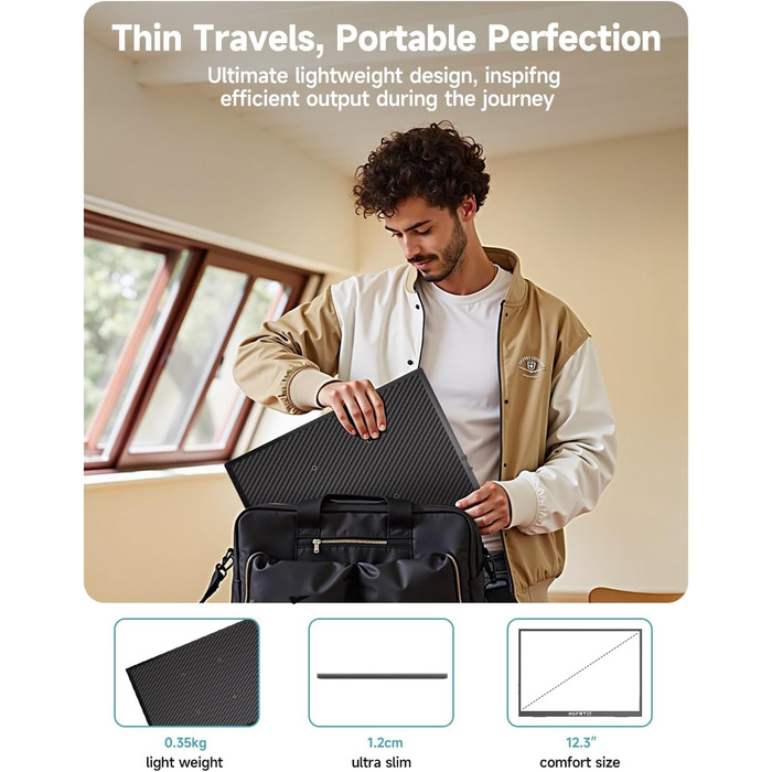 Портативний монітор 12.3 дюйма, FHD 1920x1280, IPS без відблисків, sRGB 100%, 60Hz, динаміки, USB-C, Mini-HDMI, VESA, для Windows/macOS, ігор та роботи (без сенсорного екрану)