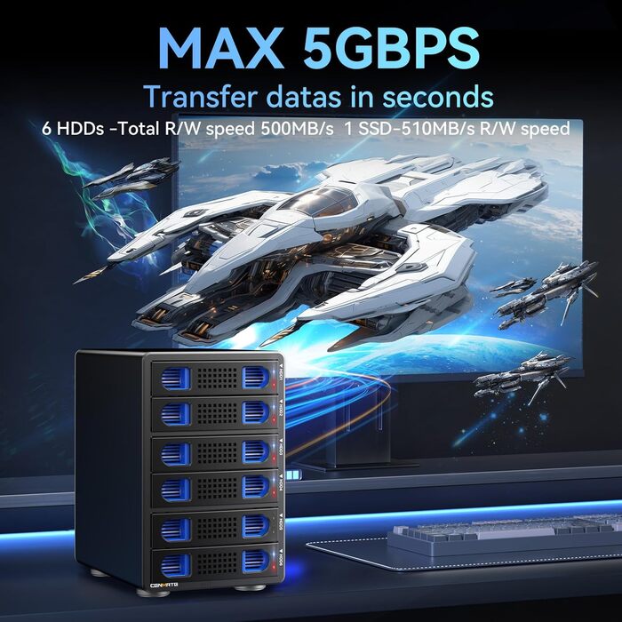 Корпус для жорстких дисків CENMATE з 6 відсіками (2.5'/3.5') з USB 3.0, DAS, без інструментів