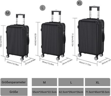 Набір валіз 3 шт. з жорстким корпусом, PC, легкі, міцні, з обертовими колесами на 360° та TSA замком (чорні смуги)