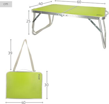 Складний стіл для кемпінгу AKTIVE, 60x40x25 см, алюмінієвий, з ручкою, зелений. Столик для пікніка, похідний стіл