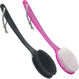 Back Scrub Brush – Curved shower brush with a long handle and medium-stiff bristles for cleaning and exfoliating the body, back scrubber for men and women (black + pink, 2)