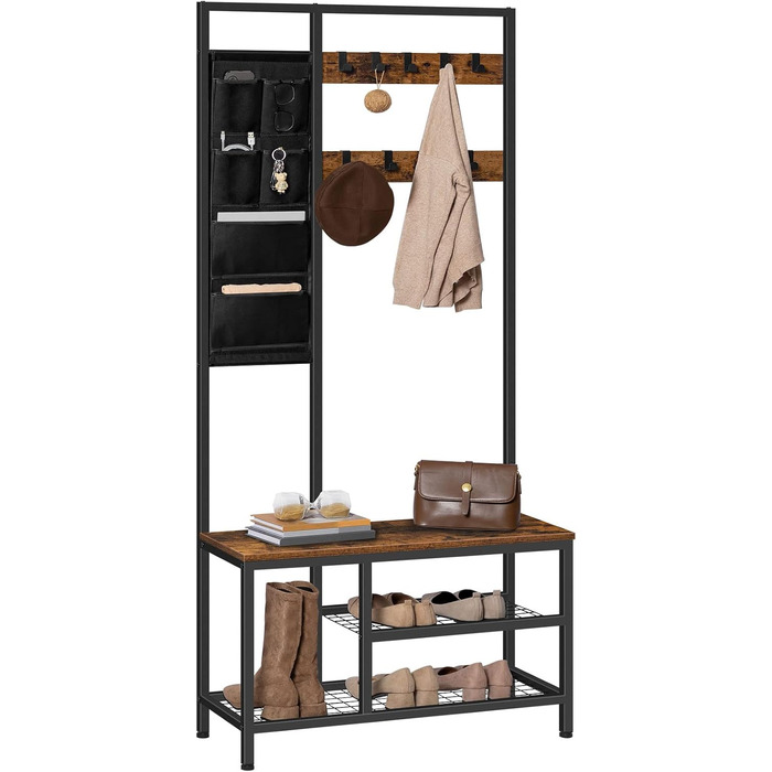 HOOBRO Coat Rack, Wardrobe, Clothes Rack with 6 Pockets and 9 Hooks, Shoe Shelf with Seating, Bench, Ample Storage Space, for Entryway, Living Room, Vintage Brown-Black EBF24MT01