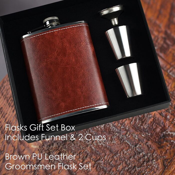 Фляга шкіряна 8oz Braun для чоловіків та жінок, комплект з воронкою та 2 склянками, шкіряний чохол, для віскі/водки, ідеально для подорожей та подарунків