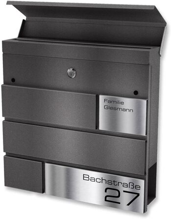 Поштова скринька Metzler G антрацит, порошкове покриття RAL 7016, гравіювання, табличка з нержавіючої сталі, настінний монтаж, 37x37x10.5 см