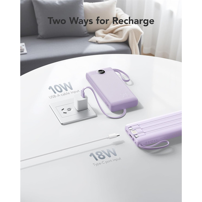 Power Bank VRURC 20000mAh з LED дисплеєм, 22,5W швидка зарядка USB-C, білий/фіолетовий