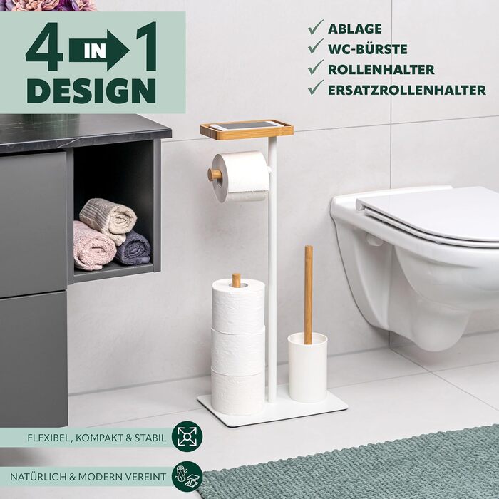 Набір для туалету Eluno 4в1: щітка для унітазу, тримач рулонів, полиця, бамбук/метал (білий)