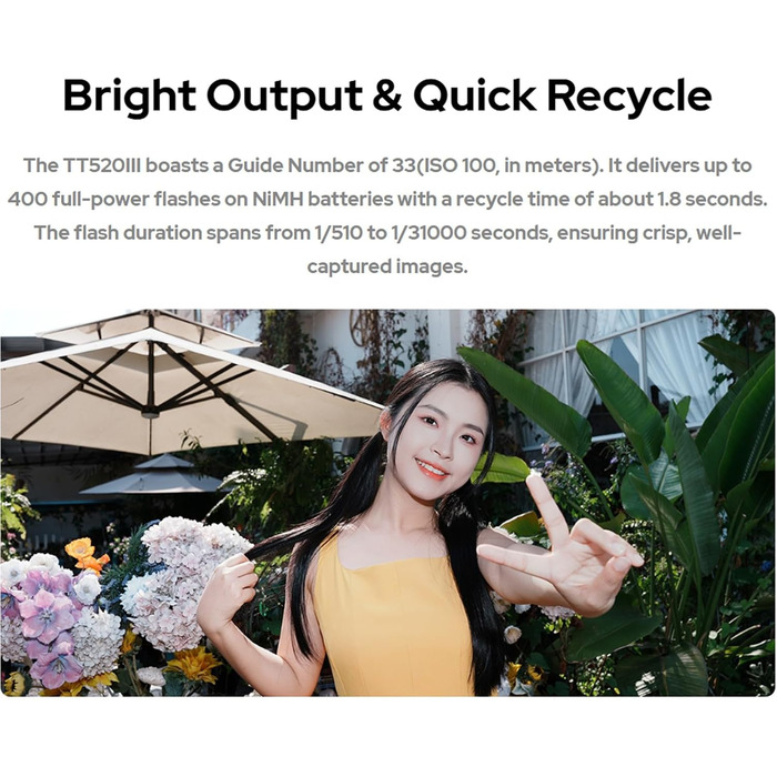 Спалах для камери Godox TT520III, швидка зарядка 1.8с, 400x потужність, сумісний з Canon, Nikon, Panasonic, Olympus, Pentax (без TTL)