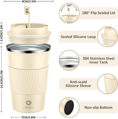 Термокружка CS COSDDI з нержавіючої сталі, 380 мл, для кави, води та чаю, з кришкою, подвійні стінки, ізольована, 1 шт.
