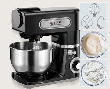 Кухонна машина TZS First Austria професійна | Міксер з чашею 6 л, 1500 Вт, 6 швидкостей, з набором насадок (міксер, гак для тіста, вінчик), нержавіюча сталь