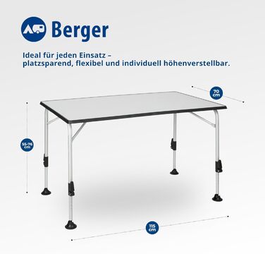 Стіл кемпінговий розкладний BERGER Ivalo 2, 115x70 см, алюмінієвий, регульована висота, для саду, балкону, тераси, сірий