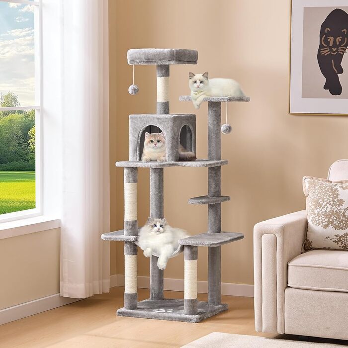 Кігтеточка для котів MSmask велика, багатоповерхова з платформами, гамаком та сизалевими стовпами (світло-сіра)
