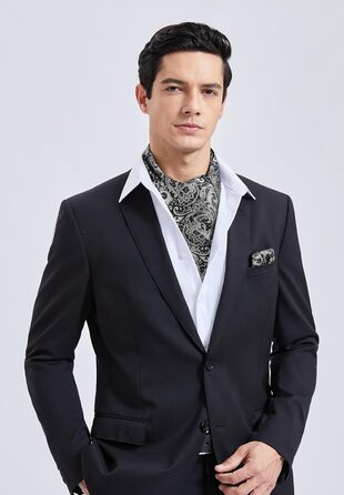 HISDERN Комплект краватка-снуд, краватка-аскот, хустинка для кишені чоловіча Paisley сіра/срібна для весілля та бізнесу