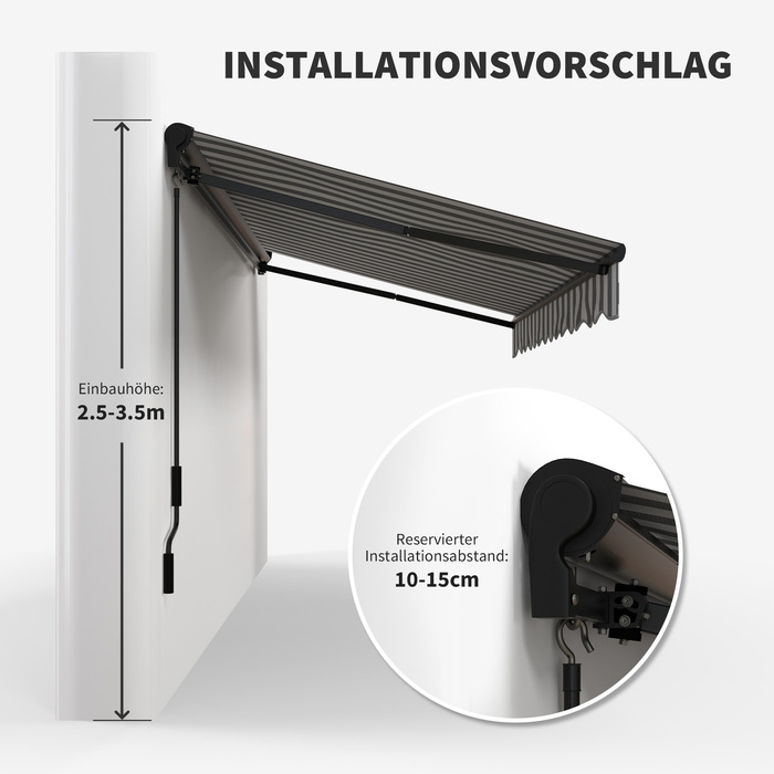 Маркіза Balkonmarkise від Outsunny, 350 x 250 x 150 см, стійка до УФ-випромінювання UV30+, з дистанційним керуванням, ручним механізмом, регульована касетна маркіза, сіра+біла | Aoso