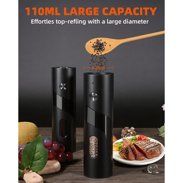 Набір електричних мельниць для солі та перцю з заряджною станцією, об'єм 110 мл, 5 ступенів помелу, керамічна млинка, щітка, 2 шт., чорний