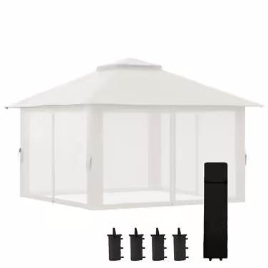 Outsunny Pop-Up Gazebo 4x4 m with 4 Mosquito Nets, Adjustable Height, UV Protection, Double Roof, Carry Bag, Cream White for Garden & Events