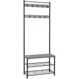 Mondeer Coat Rack, Shoe Rack with Coat Rack, 3 Shelves and 9 Removable Hooks, Industrial Design, Made of Metal and Wood, 70 x 32 x 175 cm, for Entryway, (Gray)