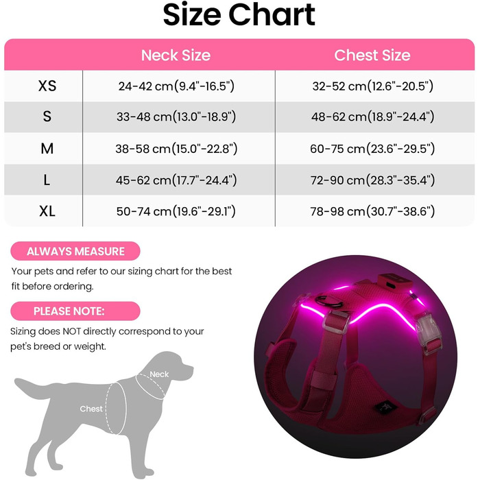Світлодіодна шлейка для собак з підсвічуванням, світловідбиваюча, регульована, рожева, XL