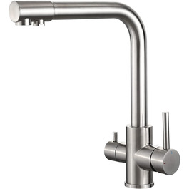 Кухонний змішувач 3-в-1 з поворотним виливом 360°, з двома важелями, для фільтрації води, гарячої та холодної води, високого тиску, з 3 шлангами 50 см, нержавіюча сталь, сірий матовий