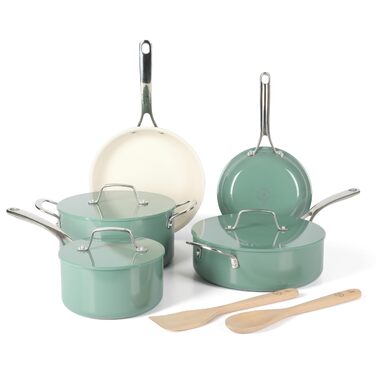 Набір посуду емальований Martha Stewart Lockton Premium 10 предметів: каструлі та сковороди з керамічним антипригарним покриттям (без PFA), алюміній, блакитно-зелений