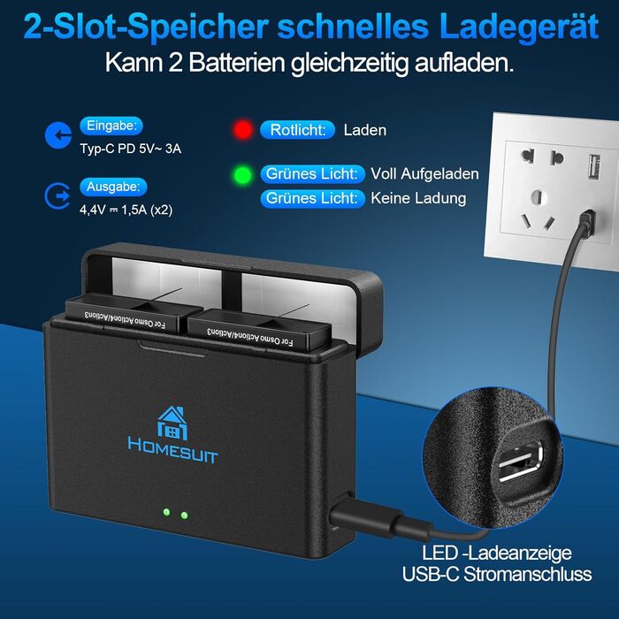 Набір акумуляторів та зарядний пристрій для DJI Osmo Action 4/3: 2x акумулятори 1800mAh + Dual USB LED зарядний пристрій