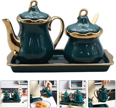 MAGICVOGEL Ceramic Milk Pitcher and Sugar Bowl Set, Sugar Container, Milk Jug with Tray, Spice Jar with Lid and Spoon, Creamer, Coffee Service Set for Home, Cafe, Bar (Green)
