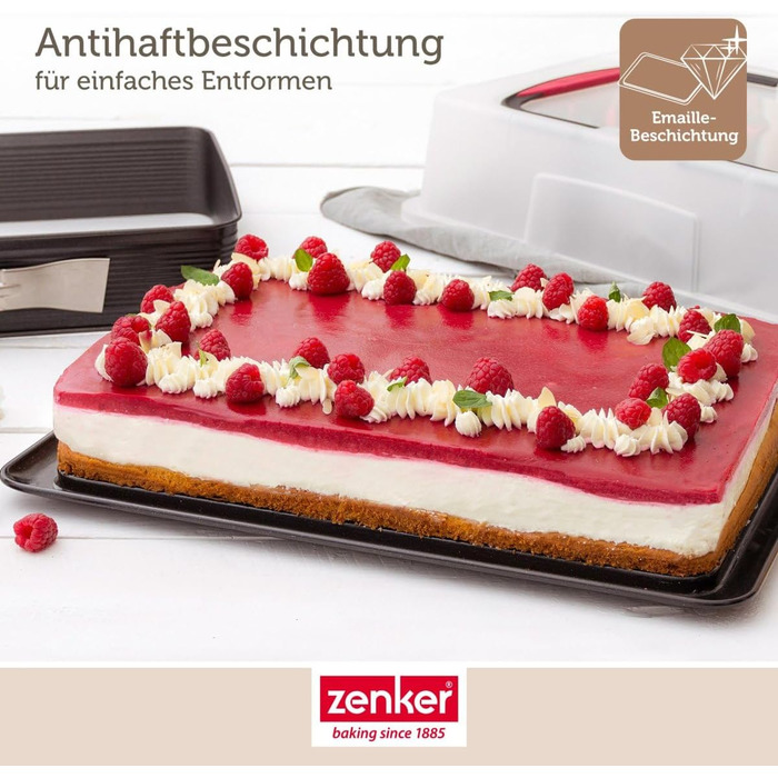 Zenker Rectangular Springform Pan with Lid DELUXE, Cake Transport Box with Enamel Base, Baking Sheet with Lid (Color: Black/Transparent/Red), Quantity: 1 Piece