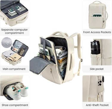LOVEVOOK Рюкзак для жінок великий з відділенням для взуття, водовідштовхувальним відділенням та відділенням для ноутбука 17 дюймів, рюкзак для чоловіків, розширюваний ручний багаж, бізнес 30-40л для подорожей, відпочинку, походів, (Бежевий, 18 дюймів(Стан