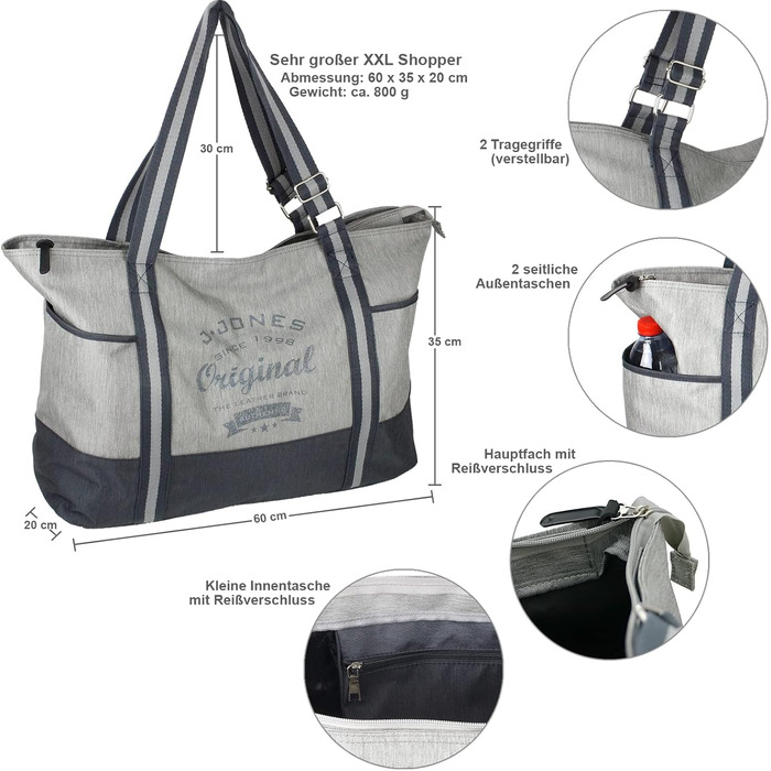 J.JONES - XXL Leisure Bag - Sports Bag - Beach Bag - Women's Shopper with Zipper