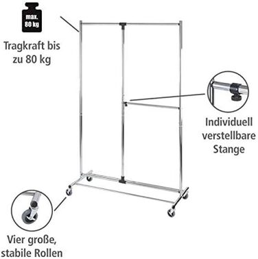 WENKO Clothes Rack, Folding, Clothes Storage with Adjustable Clothes Rail and Wheels, Plastic/Metal, 88 x 100-168 x 11-49 cm, Chrome/Grey (188 x 49 x 116 cm)