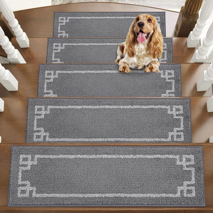 Килимочки на сходи BEQHAUSE, комплект 15 шт. Самоклеючі килимки на сходи для дітей, літніх людей та домашніх тварин, 100% поліестер, TPE-підкладка, 22x70 см (Сірий)