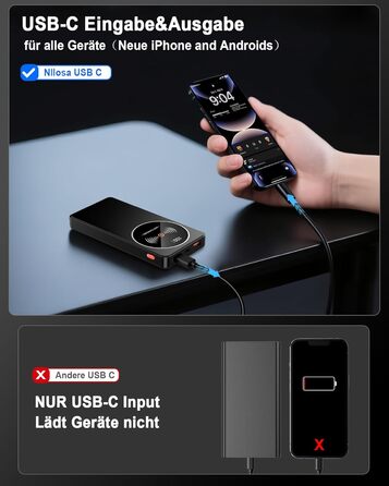 Портативний зарядний пристрій Power Bank Klein 10000mAh з USB-C, 3 порти, сумісний з iPhone 17/16/15/14/13 Pro Max Plus Mini, Android, чорний