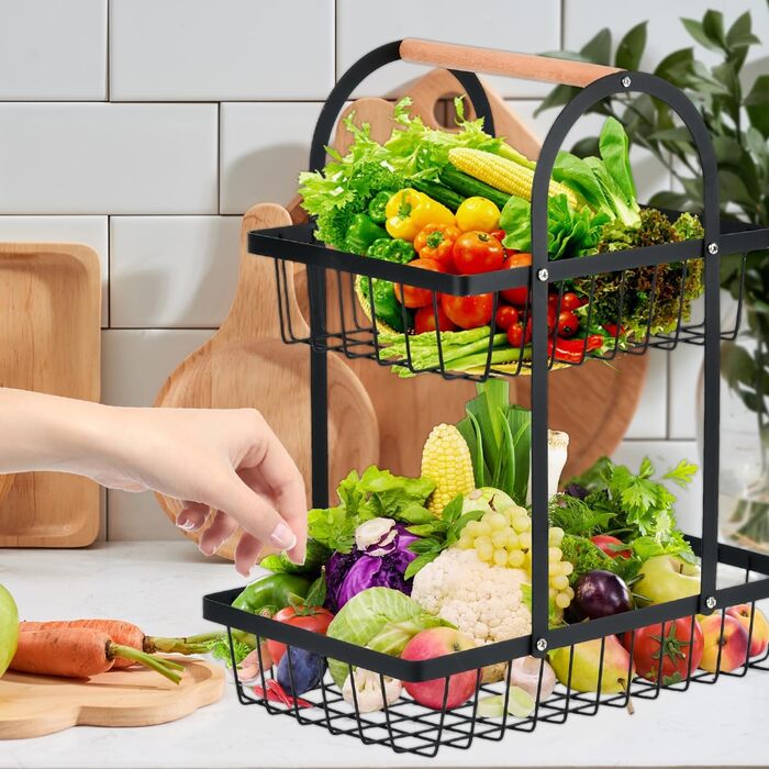 Двоярусна фруктова корзина DODUOS, етажерка для фруктів та овочів, чорна металева фруктова тарілка з ручкою, для дому, кухні, офісу