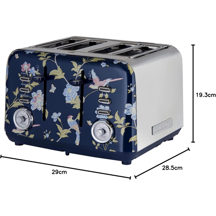 Тостер VQ Laura Ashley з 4-ма тостами, регулюванням нагріву, функцією розморожування та підігріву, нержавіюча сталь, вінтажний дизайн, з насадкою для круасанів (Elveden Marine)