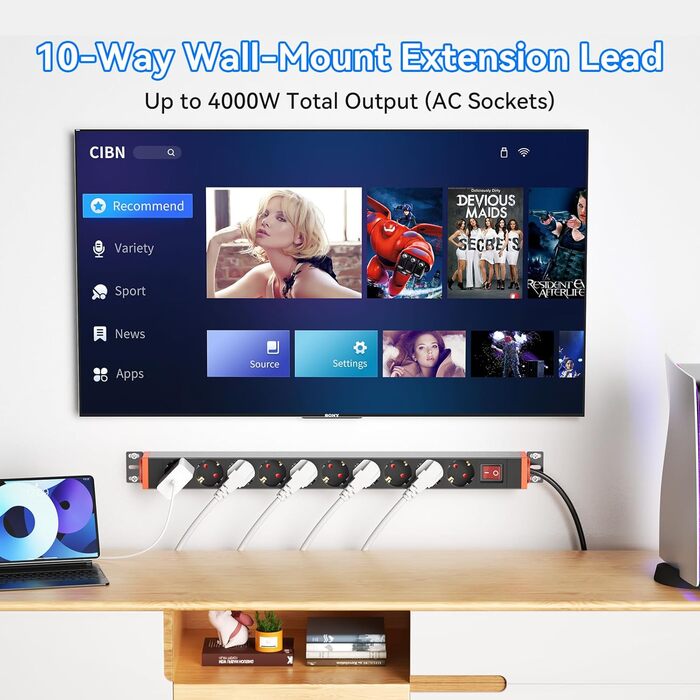 Мережевий фільтр 10 розеток з захистом від перенапруги, поворотний на 360°, для кріплення на стіну, кабель 1,8м, 16A/4000W, для офісу та дому, чорний