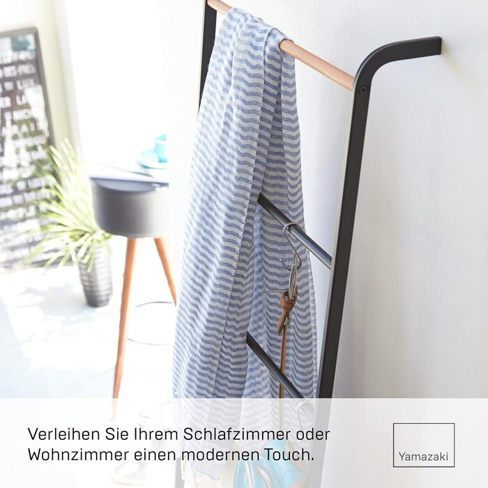 Yamazaki 2813 TOWER Leaning Clothes Rack, Black, Steel/Wood, Minimalist, 45 x 24 x 160 cm