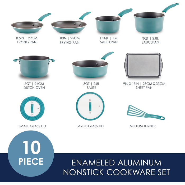 Набір кухонного посуду Rachael Ray Cook + Create, 10 предметів, антипригарне покриття, Agavenblau (блакитний)