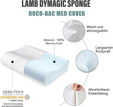 Ергономічна подушка для шиї LAMB з ефектом пам'яті (Memory Foam), ортопедична подушка для сну та підтримки шиї з антибактеріальним чохлом RUCO-BAC, 60x35x12/10 см, синя