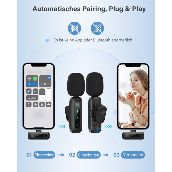 Беспроводной петличный микрофон для iPhone, iPad, Android, 2 шт. с шумоподавлением, авто-подключением, функцией Mute и Reverb для видеоблогинга, съемки видео, TikTok, YouTube