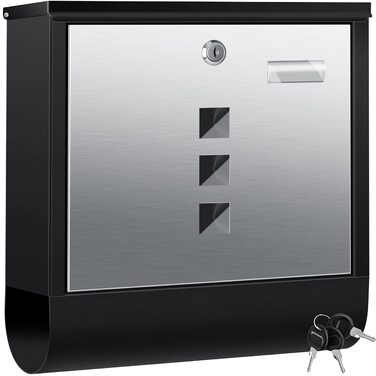 Поштова скринька KESSER® з газетницею та іменним шильдиком, нержавіюча сталь, матова, з оглядовим вікном, 3 ключі, порошкове покриття, настінний монтаж, велика, з матеріалом для монтажу (Чорний / Срібний)