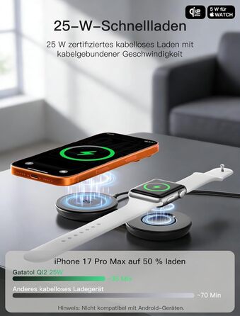 Бездротовий зарядний пристрій 2-в-1 Qi2 25W з MagSafe для iPhone 15/14/13/12, Apple Watch, AirPods + Блок живлення 30W (Чорний)