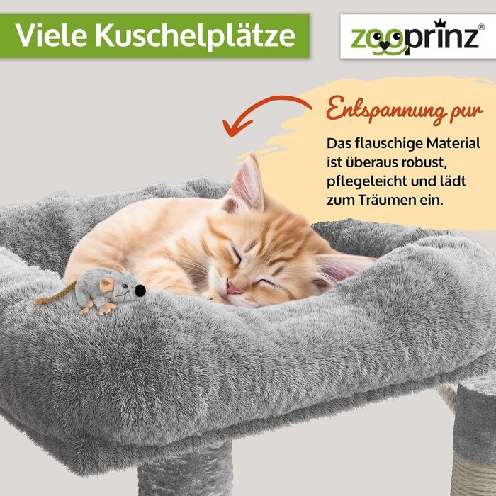 Преміум кігтеточка Zooprinz – велика XXL кігтеточка для котів, з товстими сизалевими стовпами, будиночком, гамаком, м'ячиками та мотузкою. З іграшкою-мишкою. Когтеточка (світло-сіра)