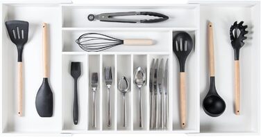 KitchenEdge Органайзер для столових приладів та кухонного приладдя з білого бамбука, розсувний, харчовий, для шухляд, 45,7–83,8 см