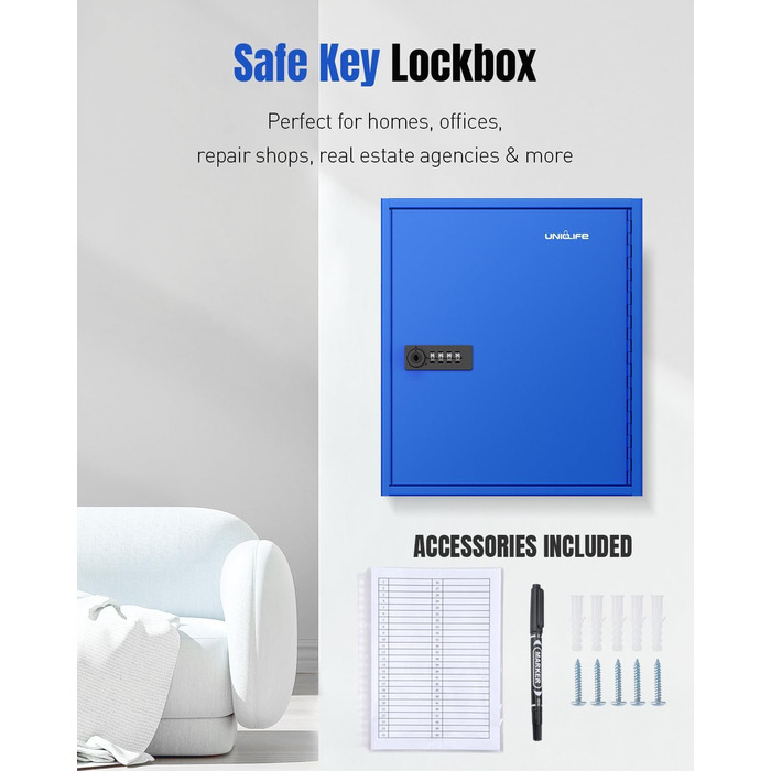 Шкафчик для ключів Uniclife на 60 позицій з комбінацією та ключовим замком, цифровий сейф, органайзер для ключів з регульованими полицями