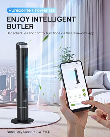 Вентилятор Pureborne Leiser: Турбо-вентилятор з осциляцією 90°, Wi-Fi, пульт, 4 режими, таймер 12 год, чорний, 102 см