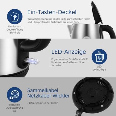Midea 1.7L Stainless Steel Electric Kettle - Fast Boil, LED Display, 360° Base, BPA-Free