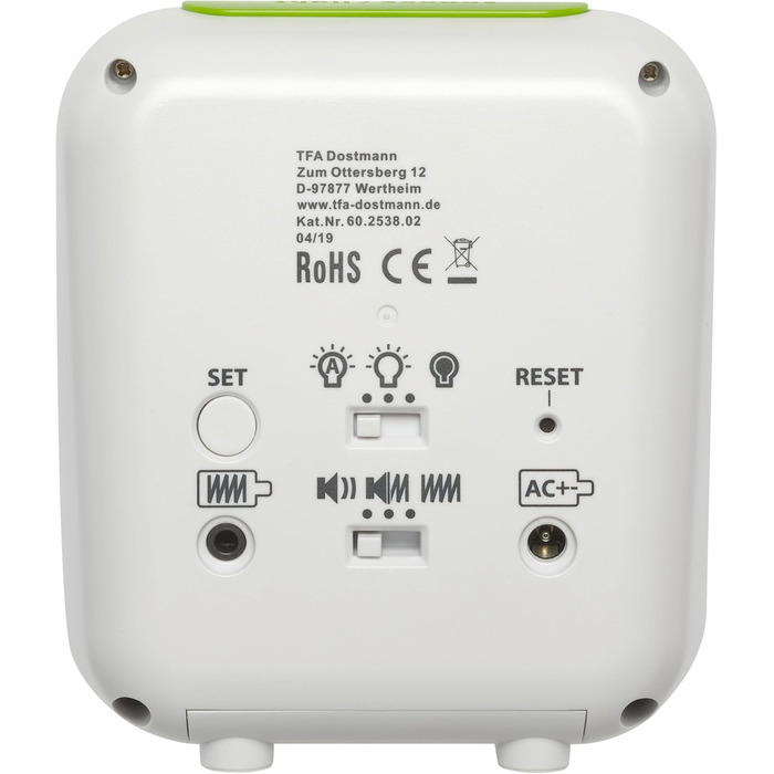 TFA Dostmann Boom Funkwecker, Loud with Vibration Alarm, Snooze Function, Adjustable Volume and Brightness, Automatic Night Light, White, L 110 x W 65 x H 122 mm